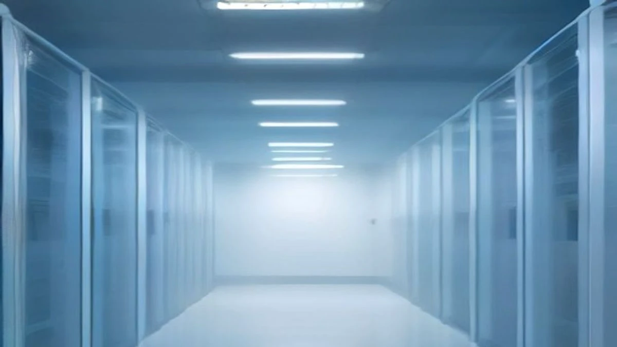 Modern data centre aisle with white server racks and small blue indicator lights